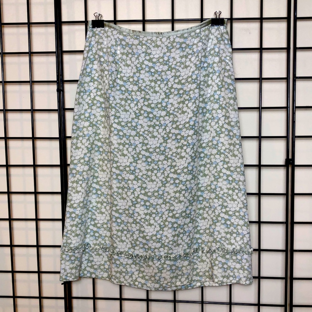 Liz Claiborne LIZWEAR  Green White Floral Feminine Skirt Ruffle Hem Sz 12 EUC